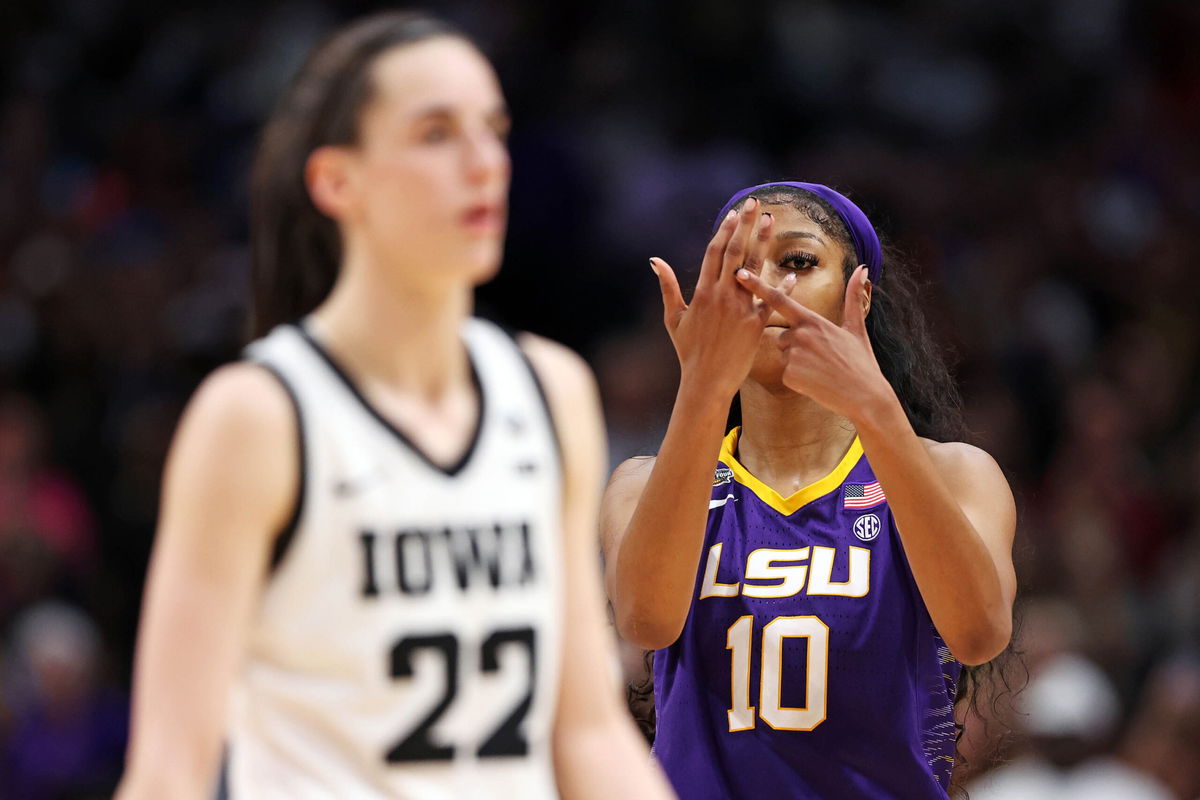 <i>Maddie Meyer/Getty Images</i><br/>Reese makes a gesture towards Caitlin Clark of the Iowa Hawkeyes.