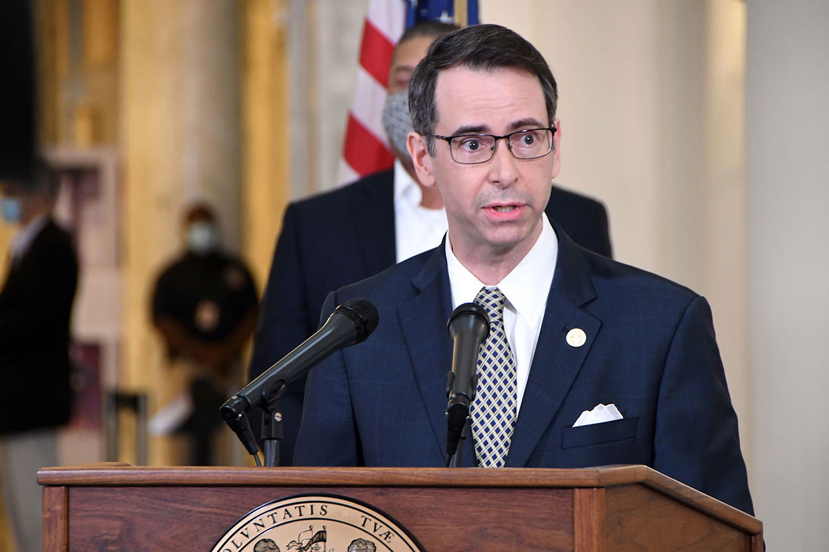 <i>Pamela Wood/Baltimore Sun/Zuma</i><br/>Roy McGrath speaks during a State House news conference in April.