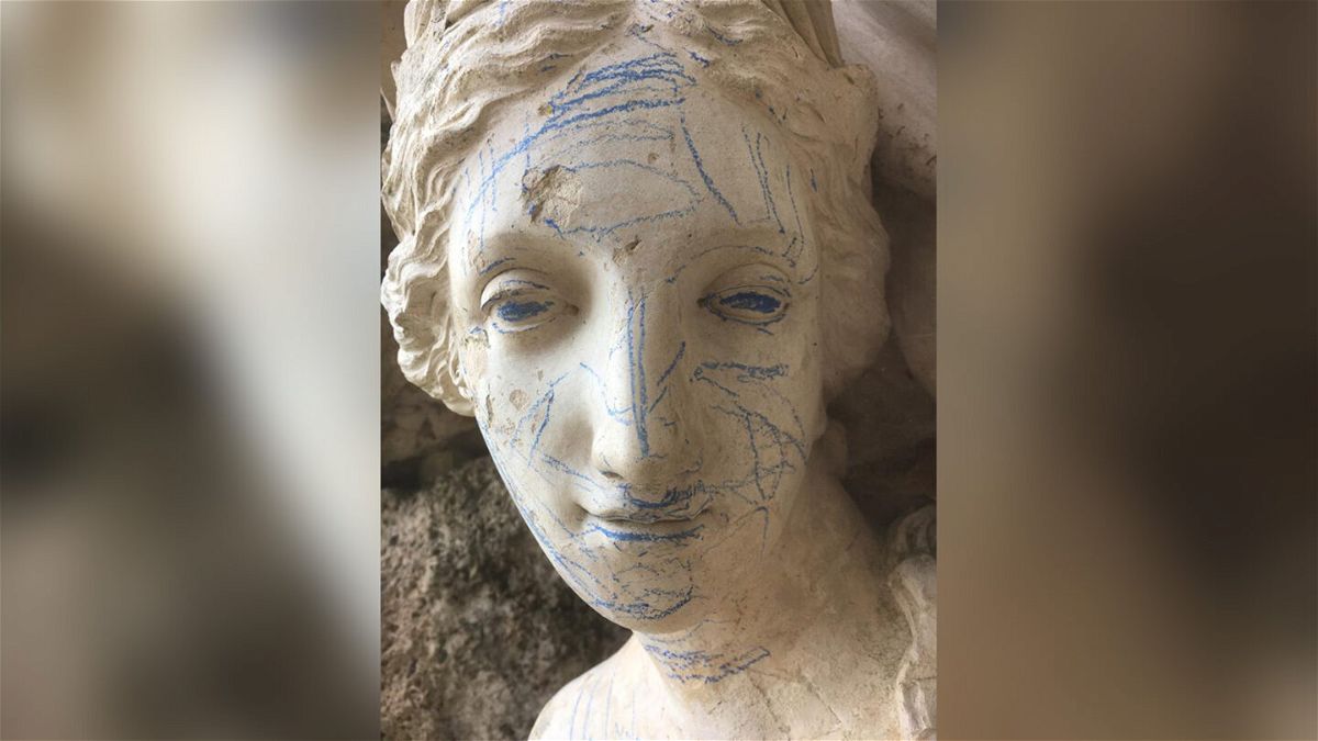<i>National Trust</i><br/>Blue crayon scrawlings were discovered on the Sabrina statue on Easter Saturday. The statue was designed in the 18th century.
