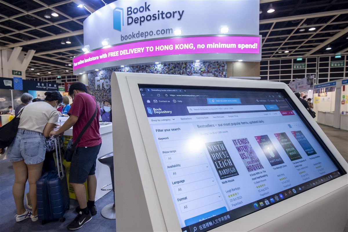 An electronic booth at the Book Depository booth at the Hong Kong Book Fair in Hong Kong