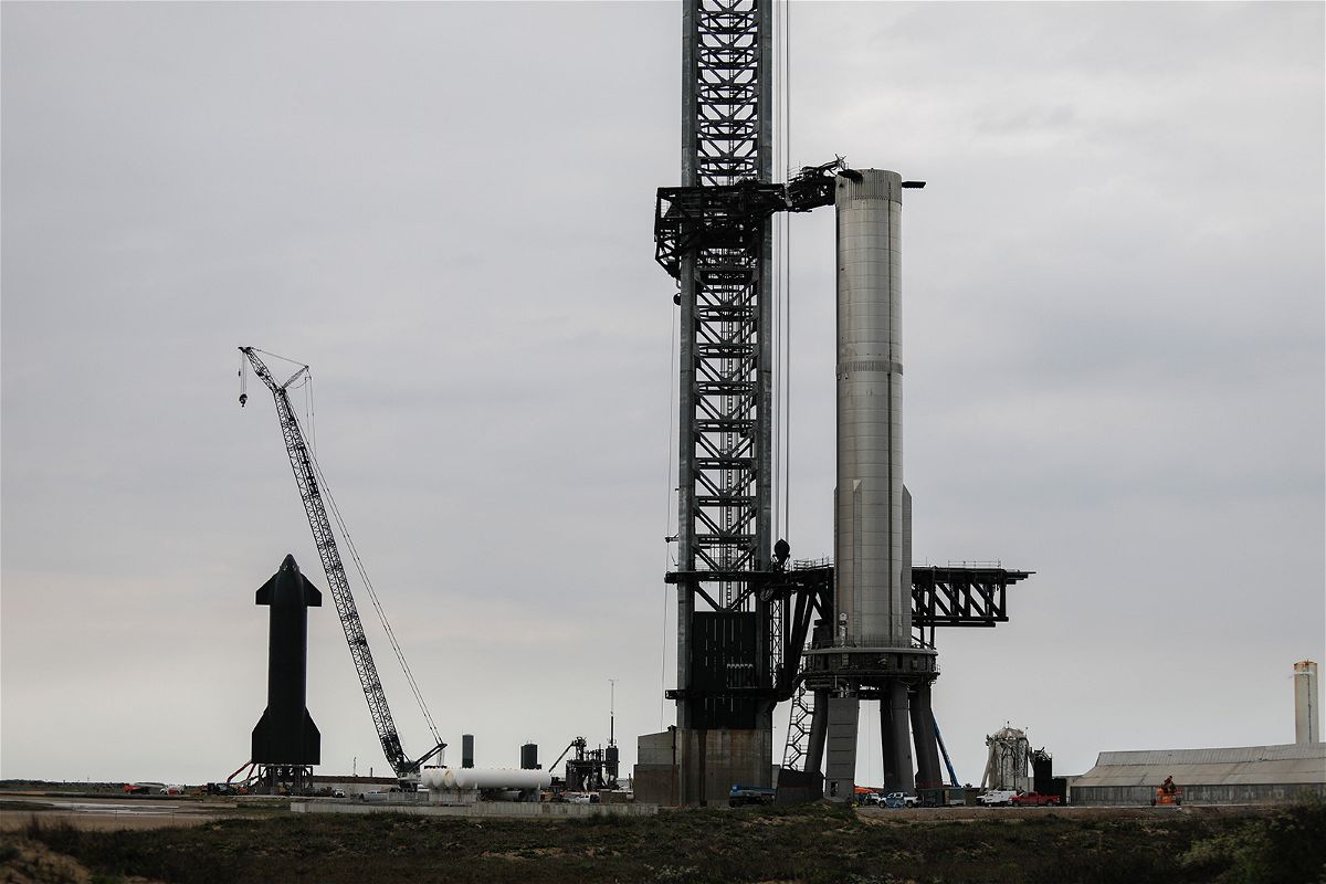 <i>Reginald Mathalone/Nurpho/Associated Press</i><br/>SpaceX workers on February 8 make final adjustments to Starship's orbital launch mount