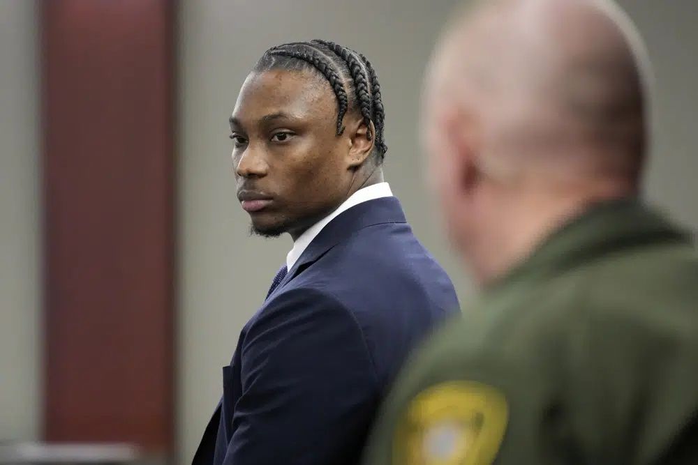 Former Las Vegas Raiders player Henry Ruggs appears in court Wednesday, May 10, 2023, in Las Vegas. Ruggs plead guilty to driving his car drunk before causing a fiery crash that killed a woman. 