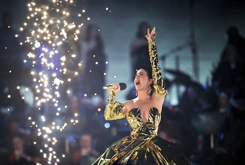Katy Perry performs during the concert at Windsor Castle in Windsor, England, Sunday, May 7, 2023, celebrating the coronation of King Charles III. It is one of several events over a three-day weekend of celebrations. 