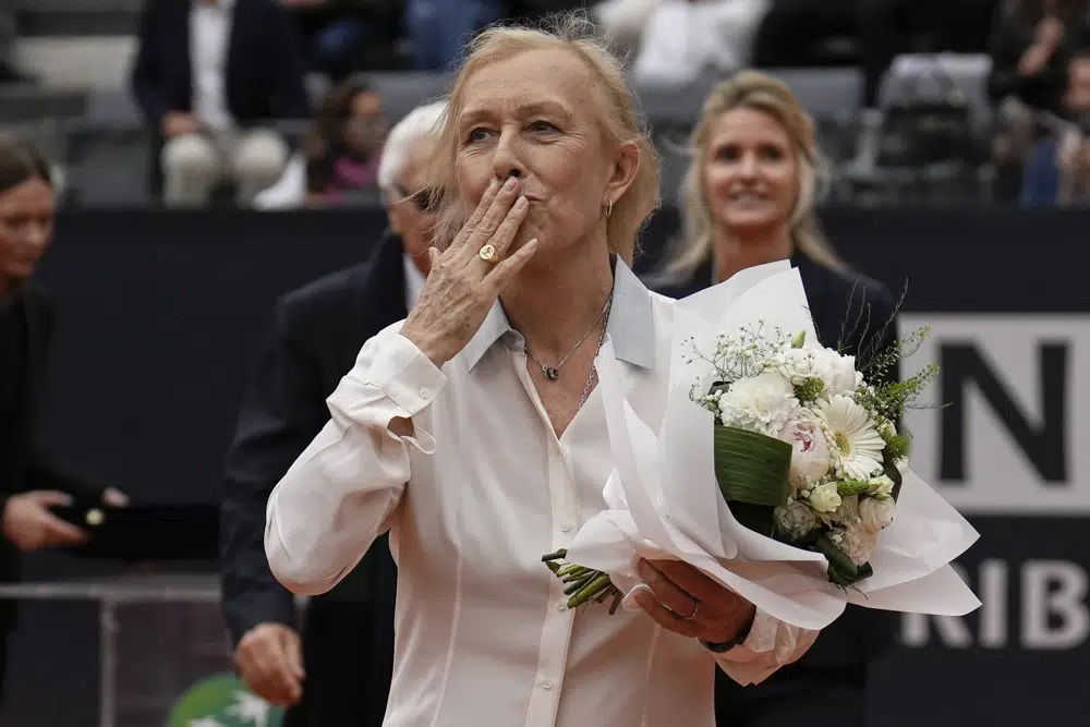 Martina Navratilova, the 18-time Grand Slam singles champion and member of the International Tennis Hall of Fame, sends a kiss to the audience after receiving the Racchetta d'Oro (Golden Racket) award from the Italian Tennis Federation ahead of the men's final tennis match at the Italian Open tennis tournament in Rome, Italy, Sunday, May 21, 2023.