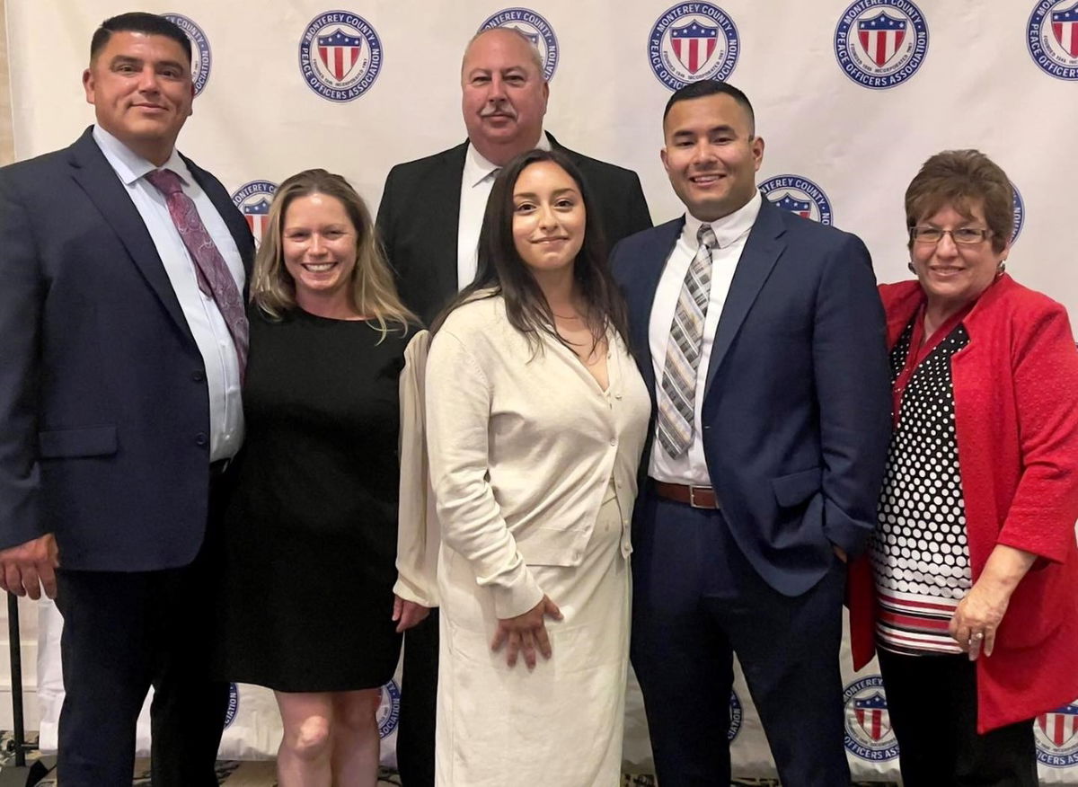 From left to right is Gonzales Police Captain Juan Mendoza, Jennifer Mendoza,  Gonzales Police Chief Keith Wise, Denise Sanchez, Corporal Nathan Cordoba and Gonzales Councilmember Maria Orozco.