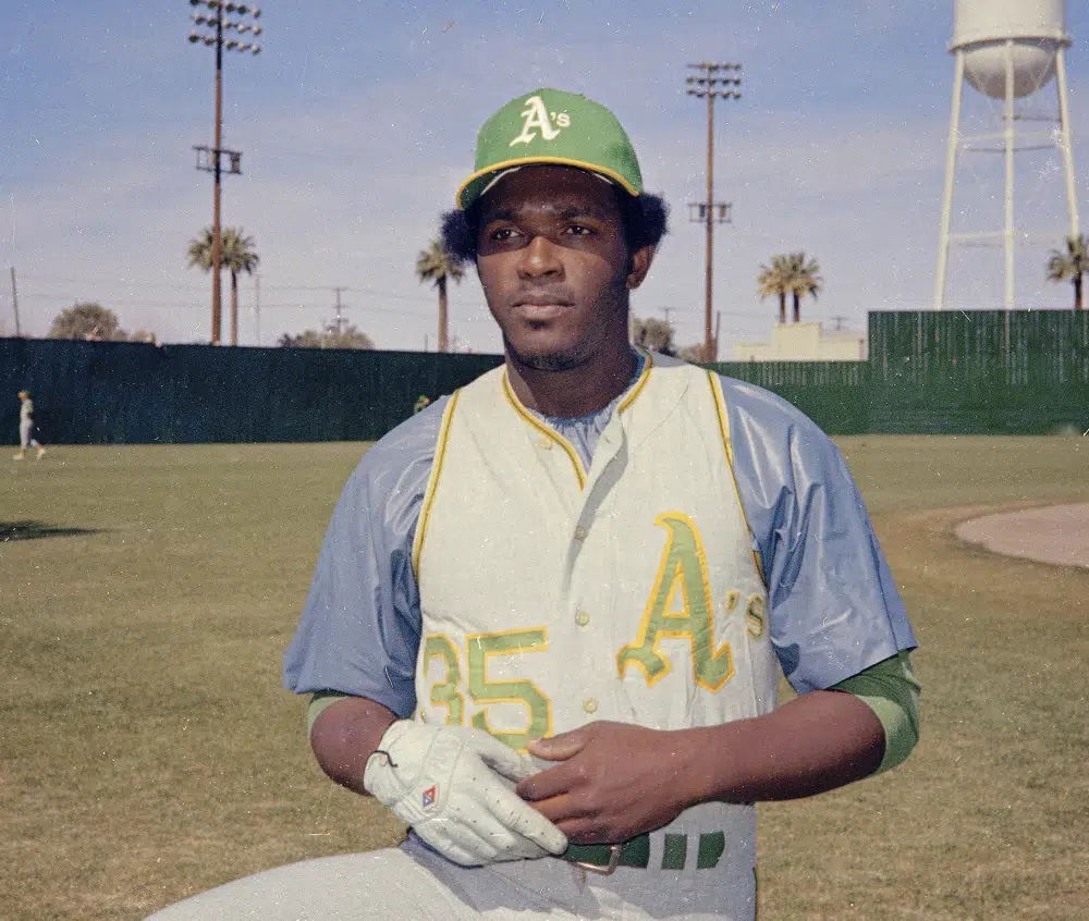 FILE - This 1976 file photo shows Oakland A's Vida Blue, the hard-throwing left-hander who became one of baseball's biggest draws in the early 1970's and helped lead brash Oakland Athletics to three straight World Series titles. Blue has died. He was 73. The A's said Blue died Saturday, May 6, 2023 but did not give a cause of death.