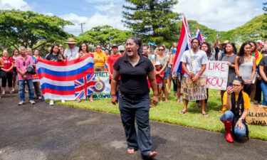 Kumu Hinaleimoana Wong-Kalu is seen at a demonstration protesting the construction of the Thirty Meter Telescope on Mauna Kea in Hawai'i on July 19