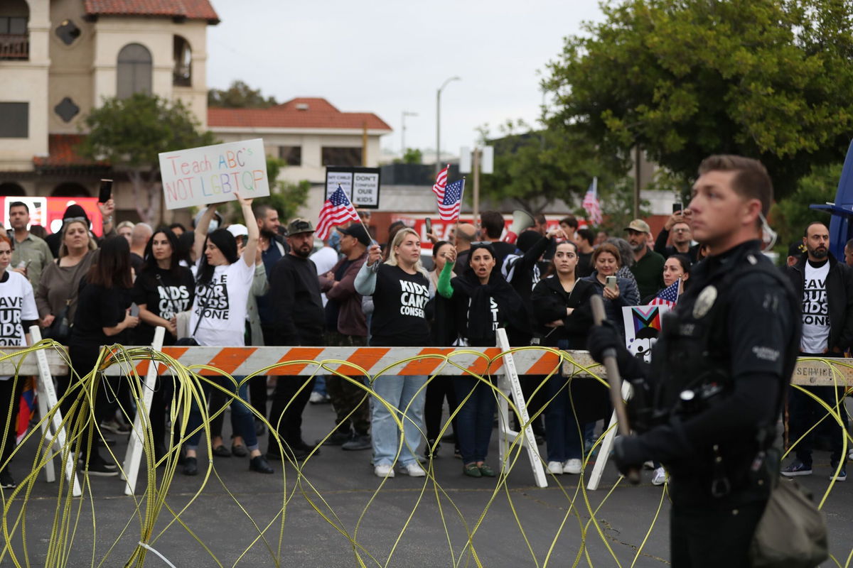 <i>Allen J. Schaben/Los Angeles Times/Getty Images</i><br/>Large crowds gather at Glendale Unified School District meeting where parents and activists clash over teaching sexual identity to kids at Glendale Unified School District in Burbank Tuesday