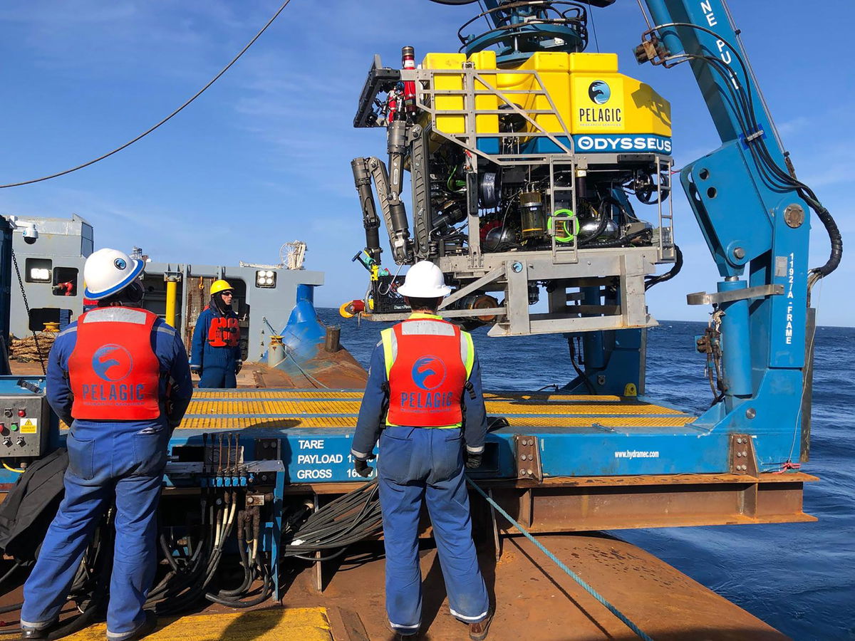 <i>Pelagic Research Services</i><br/>Pelagic's remotely operated vehicle Odysseus 6 is lifted out of the ocean after searching for debris from the Titan submersible on June 22.