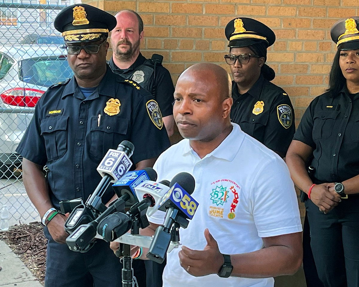 <i>Bill Glauber/Milwaukee Journal-Sentinel/AP</i><br/>Milwaukee Mayor Cavalier Johnson speaks during a news conference outside the Milwaukee Police Department after a shooting left six teens injured after a Juneteenth celebration.