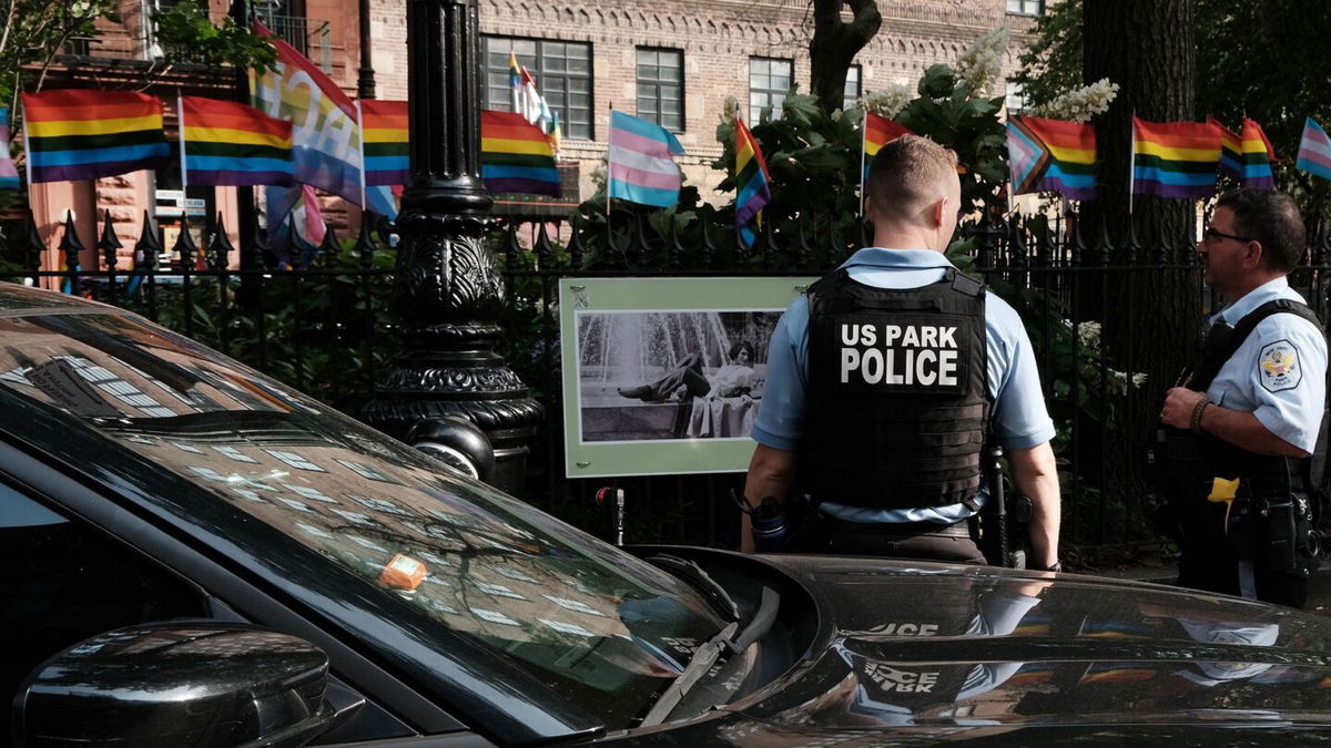 <i>Spencer Platt/Getty Images</i><br/>US Park Police patrol at Stonewall National Monument in Manhattan's West Village on June 19.