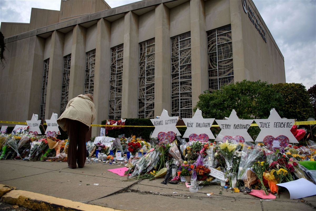 <i>Jeff Swensen/Getty Images/File</i><br/>Mourners visited the memorial outside the Tree of Life Synagogue on October 31