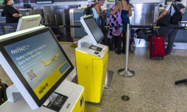 Spirit Airlines self check-in kiosks are pictured at the Oakland International Airport in Oakland