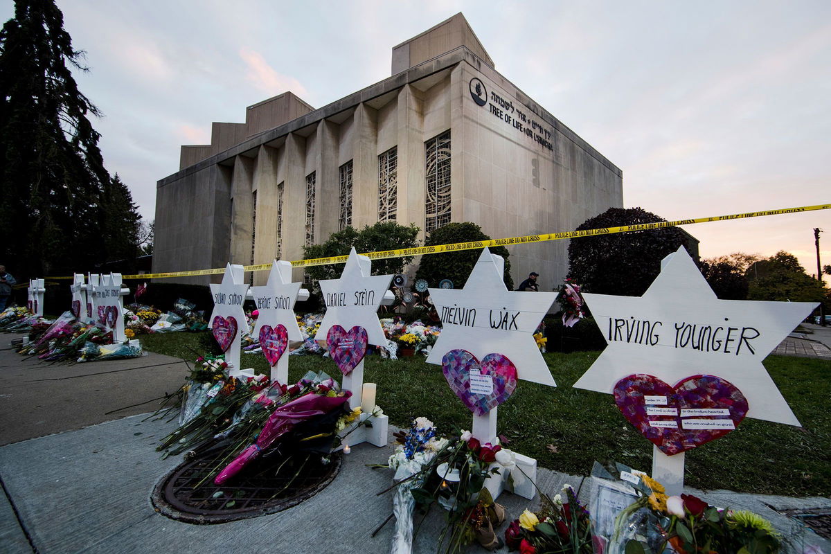 <i>Matt Rourke/AP</i><br/>An impromptu memorial stands in 2018 outside the Tree of Life Synagogue in Pittsburgh.