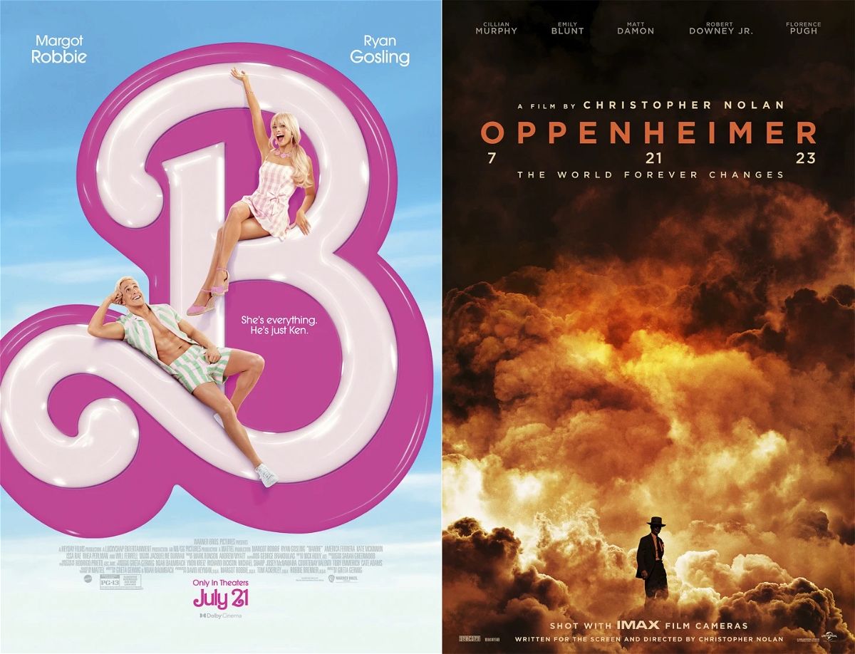 A combination of photos shows the posters for Barbie and Oppenheimer