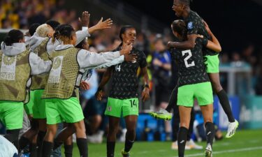 Uchenna Kanu celebrates with her teammates after scoring Nigeria's first goal against Australia at the Women's World Cup.