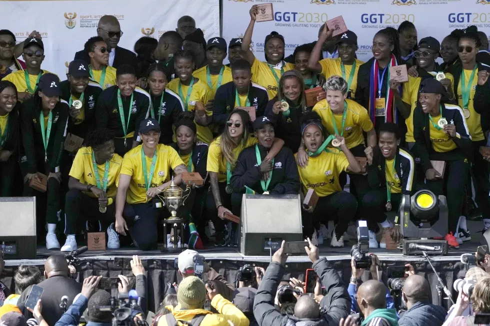 South Africa’s women’s soccer team pose for photographers and fans during a welcome ceremony at the OR Tambo International Airport in Johannesburg, South Africa, July 26, 2022, after winning the Women’s Africa Cup of Nations in Morocco last July 23. A standoff between South Africa’s Women’s World Cup squad and the national soccer association over pay and other issues forced officials to field a stand-in team of little-known players that included a 13-year-old girl for a game against Botswana on Sunday July 2, 2023. 