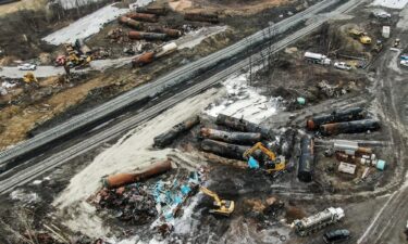 An aerial photo made with a drone shows damaged railroad tank cars scattered about as cleanup continues in the aftermath of a Norfolk Southern freight train derailment that has created concern by residents over the release of toxic chemicals in East Palestine