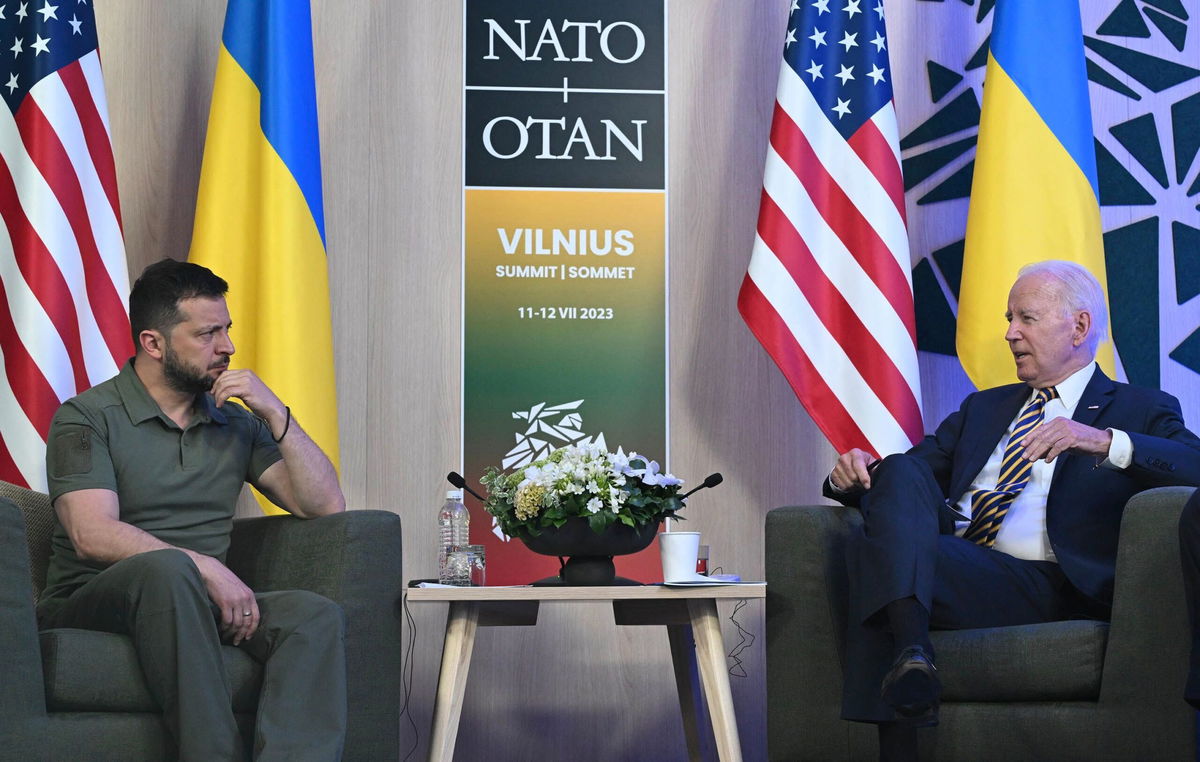 <i>Andrew Caballero-Reynolds/AFP/Getty Images</i><br/>US President Joe Biden attends a meeting with Ukrainian President Volodymyr Zelensky at the sidelines of the NATO Summit in Vilnius on July 12.