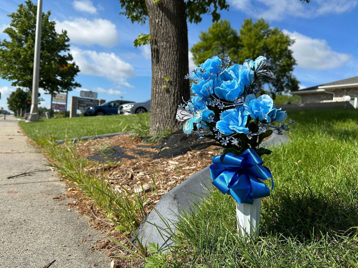 <i>Jack Dura/AP</i><br/>Flowers rest near the site where one police officer was fatally shot and two others were critically wounded on July 14.