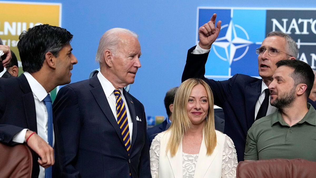 <i>Pavel Golovkin/AP</i><br/>President Joe Biden and Italy's Prime Minister Giorgia Meloni wait to have their photo taken during a NATO summit in Vilnius