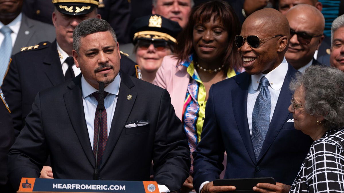 <i>David Dee Delgado/Bloomberg/Getty Images</i><br/>Edward Caban speaks during an event at the NYPD 40th Precinct on in the Bronx borough of New York