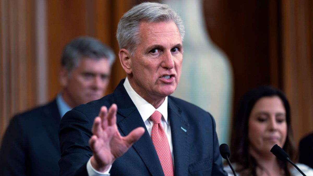 <i>J. Scott Applewhite/AP</i><br/>Speaker of the House Kevin McCarthy speaks at a news conference as the House prepares to leave for its August recess