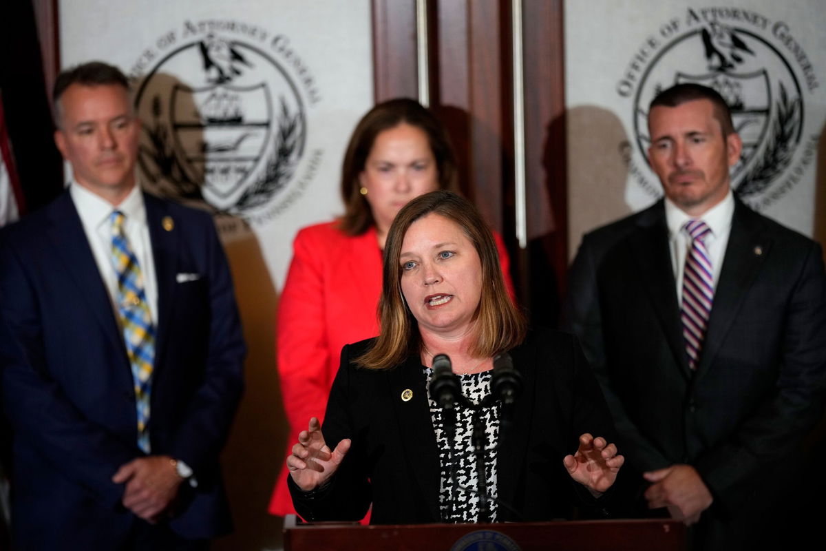 <i>Matt Slocum/AP</i><br/>Pennsylvania Attorney General Michelle Henry speaks during a news conference Friday in Philadelphia.