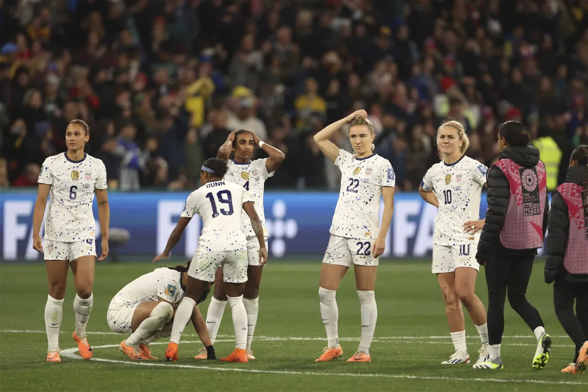 United States' players react after losing their Women's World Cup Round of 16 soccer match againest Sweden in a penalty shootout in Melbourne, Australia