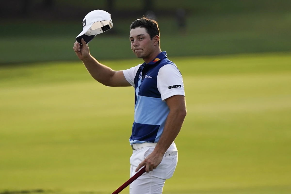 Viktor Hovland, of Norway celebrates winning the Tour Championship golf tournament, Sunday, August 27, 2023 in Atlanta