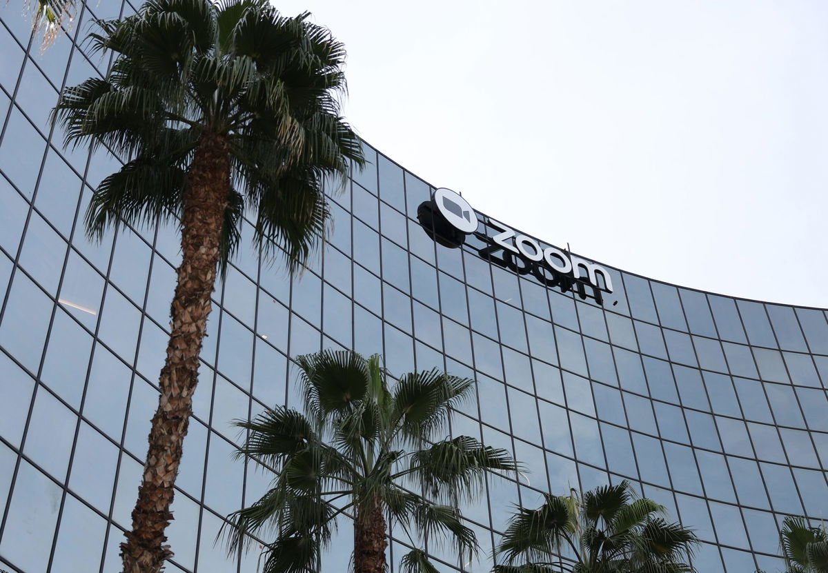 <i>Justin Sullivan/Getty Images</i><br/>A sign is posted on the exterior of Zoom headquarters on February 7 in San Jose