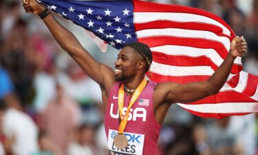 Noah Lyles celebrates after winning the 100m final at the World Championships in Budapest