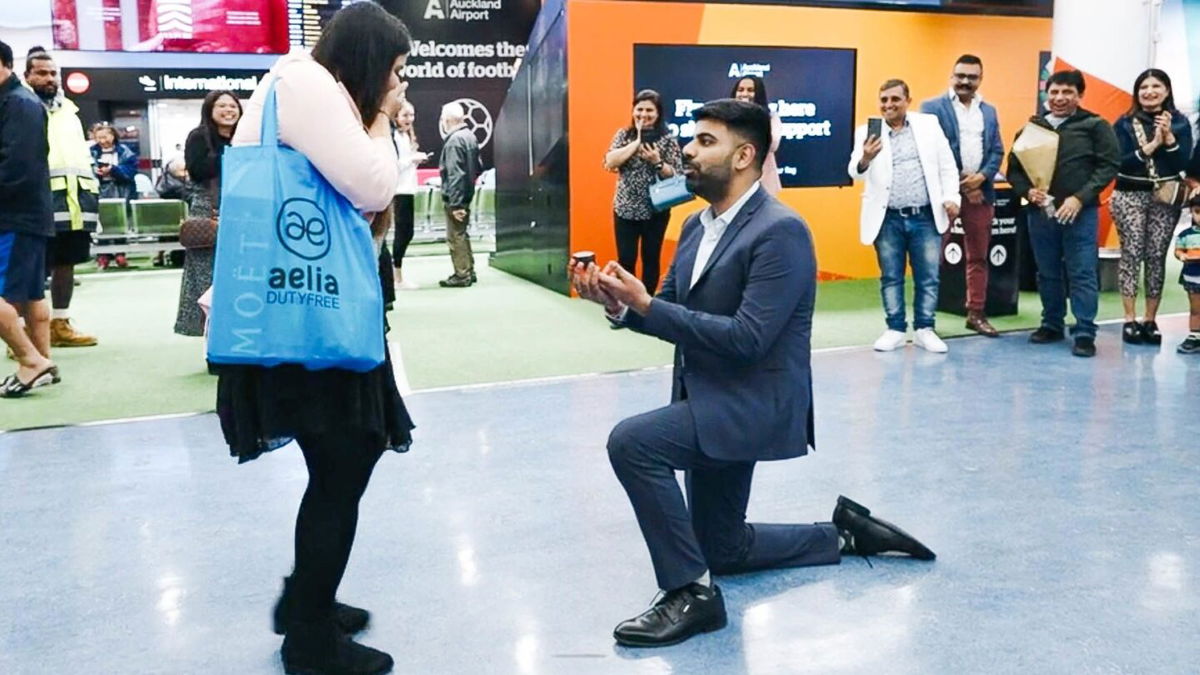 <i>Courtesy Auckland Airport</i><br/>Vash Chhabra proposed to his girlfriend Riiya Shukla in arrivals at Auckland Airport.