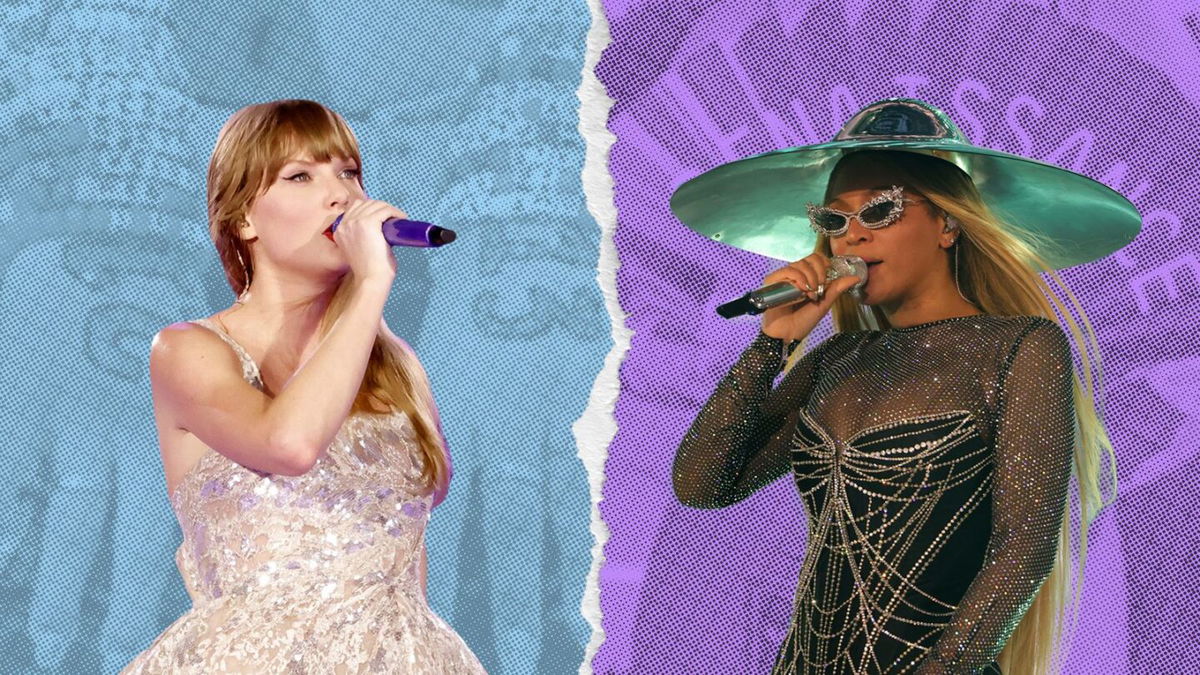 <i>CNN Illustration/Getty Images</i><br/>Taylor Swift’s “Eras” tour and Beyoncé’s “Renaissance World Tour” have packed venues throughout 2023.