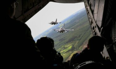 Portuguese Air Force F-16 military fighter jets participate in NATO's Baltic Air Policing Mission in Lithuanian airspace near Siauliai