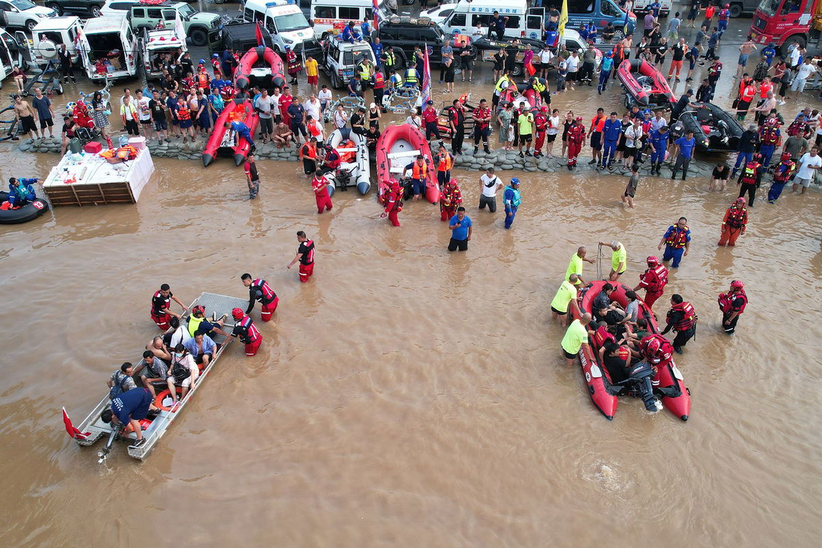 <i>Jade Gao/AFP/Getty Images</i><br/>This aerial view shows a flooded village in Zhuozhou after heavy rains on August 2.