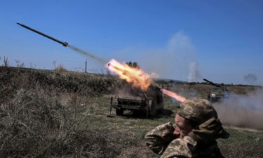 Ukrainian troops fire small multiple launch rocket systems toward Russian forces near a front line in the Zaporizhzhia region on August 19.