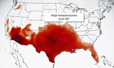 Areas shaded in red show where temperatures are forecast above 90 degrees Friday.