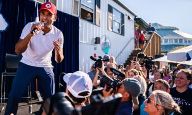 Vivek Ramaswamy raps along to Eminem's "Lose Yourself" following his Fair Side Chat with Gov. Kim Reynolds at the Iowa State Fair Grounds on Saturday