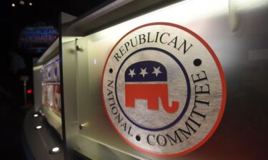 The Republican National Committee logo is shown on stage at the North Charleston Coliseum on January 13