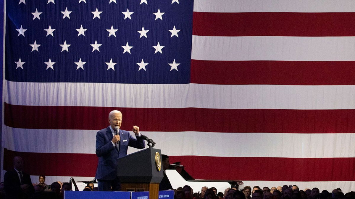 <i>Bill Pugliano/Getty Images/File</i><br/>President Joe Biden speaks at the North American International Auto Show on September 14