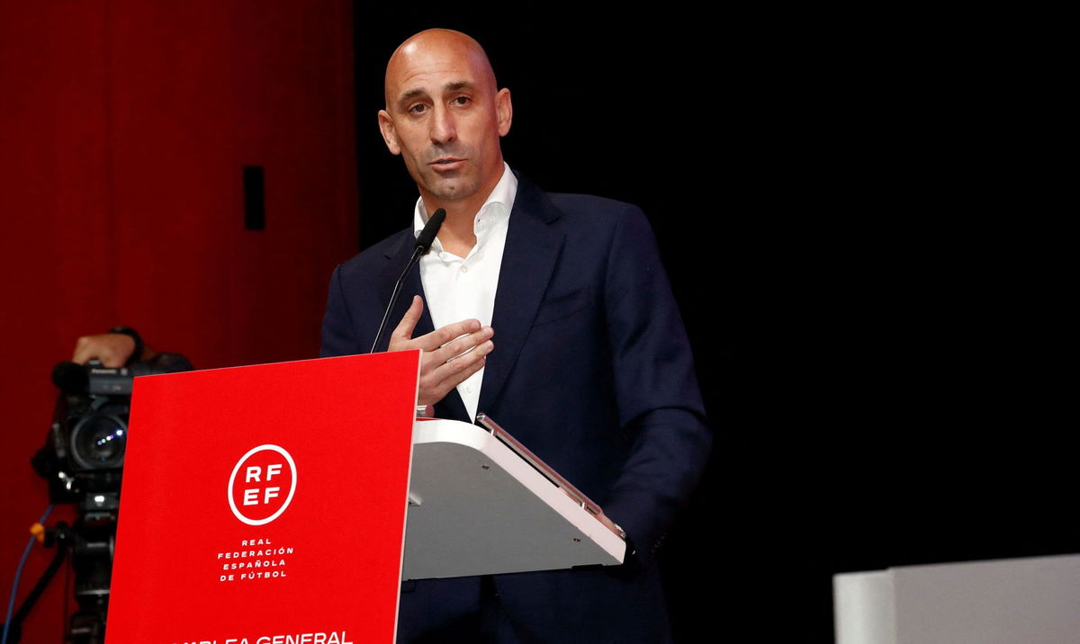 <i>GABRIEL MONNET/AFP/AFP via Getty Images</i><br/>President of the Spanish Football Federation Luis Rubiales looks on during a press conference to announce Spain