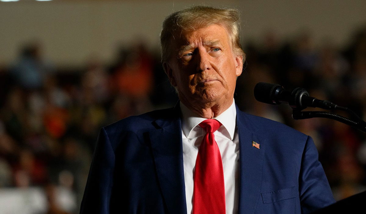 <i>Jeff Swensen/Getty Images</i><br/>Former U.S. President Donald Trump speaks to supporters during a political rally while campaigning for the GOP nomination in the 2024 election.