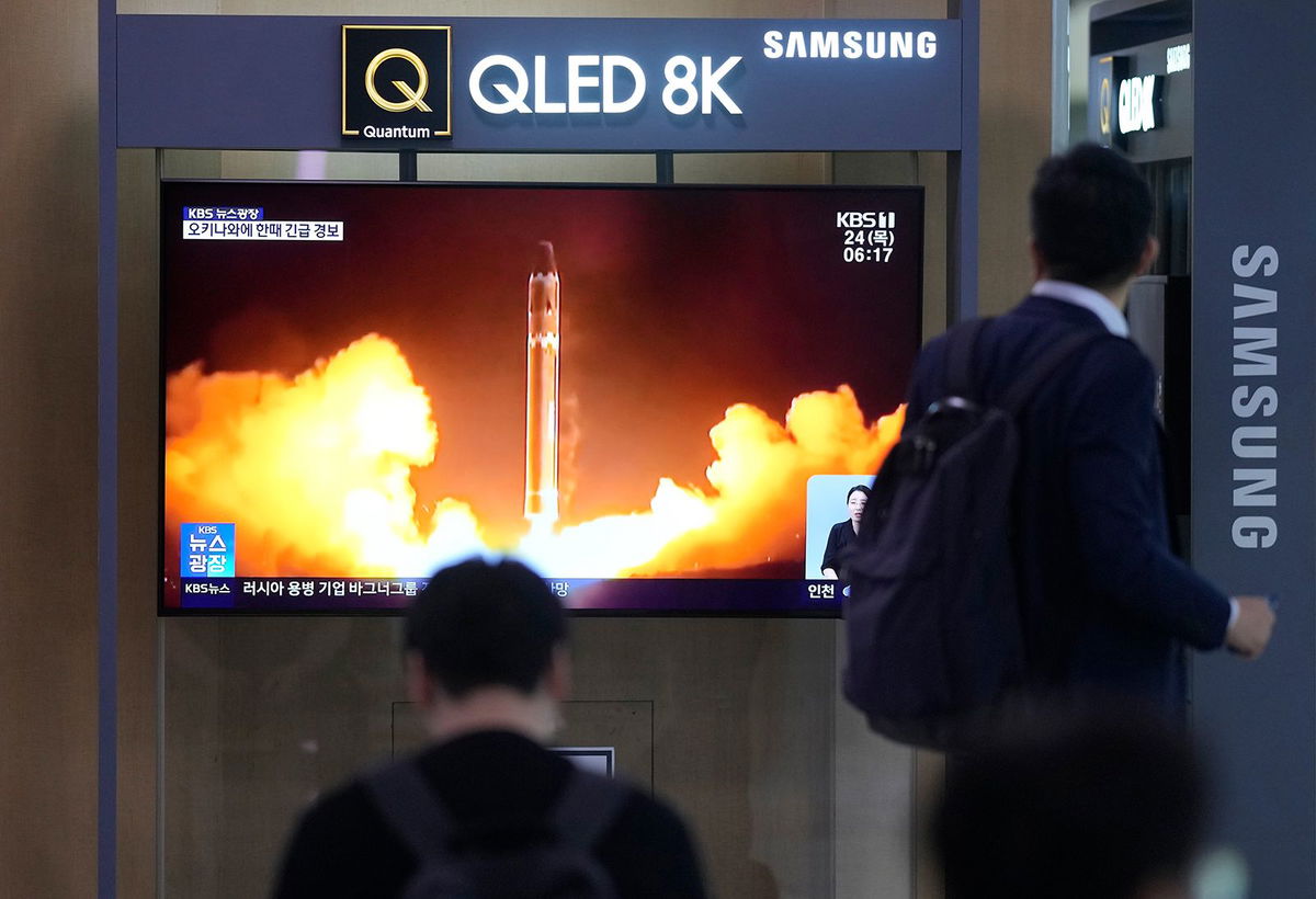 <i>Lee Jin-man/AP</i><br/>A TV screen at the Seoul Railway Station in South Korea shows a news report on North Korea's rocket launch on August 24.