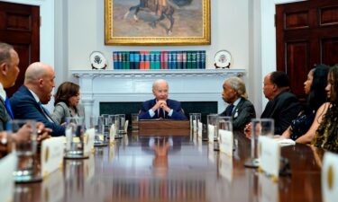 President Joe Biden speaks as he and Vice President Kamala Harris meet with organizers of the 60th anniversary of the March on Washington in the Roosevelt Room of the White House in Washington on Aug. 28.