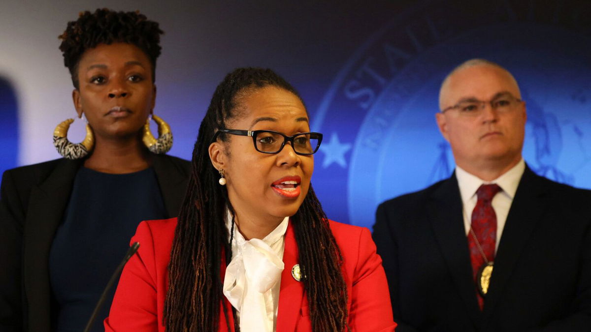 <i>Ricardo Ramierez Buxeda/The Orlando Sentinel/Getty Images/File</i><br/>State Attorney Monique H. Worrell holds a press conference on March 9. Florida Gov. Ron DeSantis on August 9 announced the suspension of Worrell.