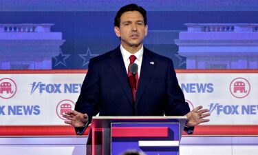 Florida Gov. Ron DeSantis speaks during the Republican primary presidential debate in Milwaukee on August 23.