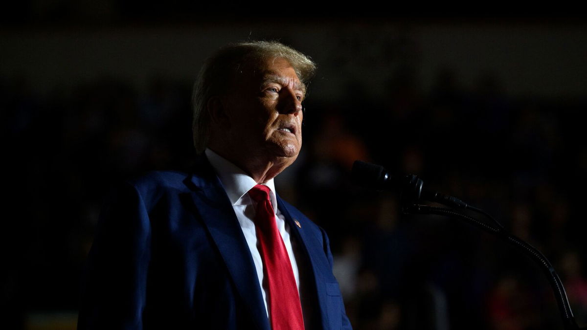 <i>Jeff Swensen/Getty Images</i><br/>Former President Donald Trump speaks to supporters during a political rally while campaigning for the GOP nomination in the 2024 election at Erie Insurance Arena on July 29 in Erie