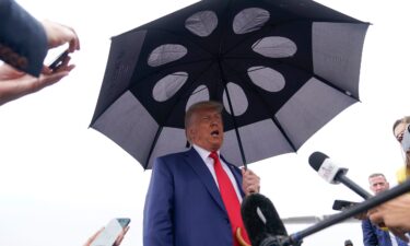 Former President Donald Trump speaks before he boards his plane at Ronald Reagan Washington National Airport on August 3.