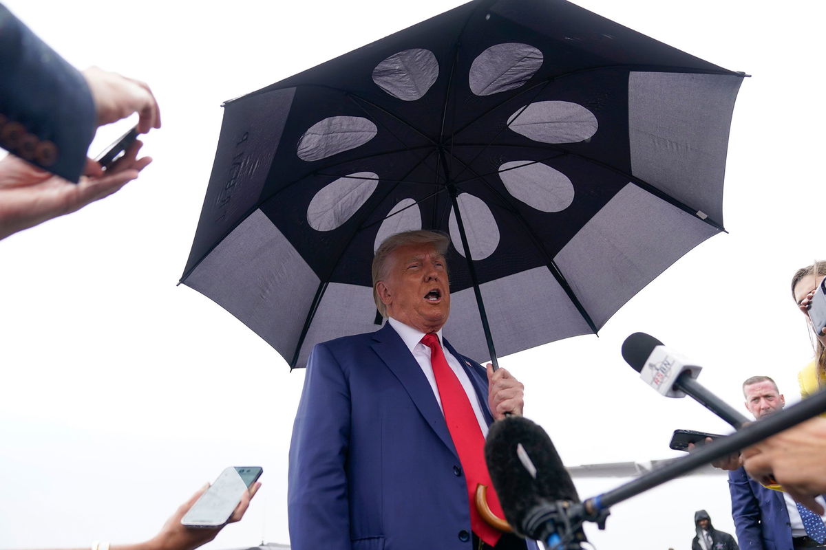 <i>Alex Brandon/AP</i><br/>Former President Donald Trump speaks before he boards his plane at Ronald Reagan Washington National Airport on August 3.